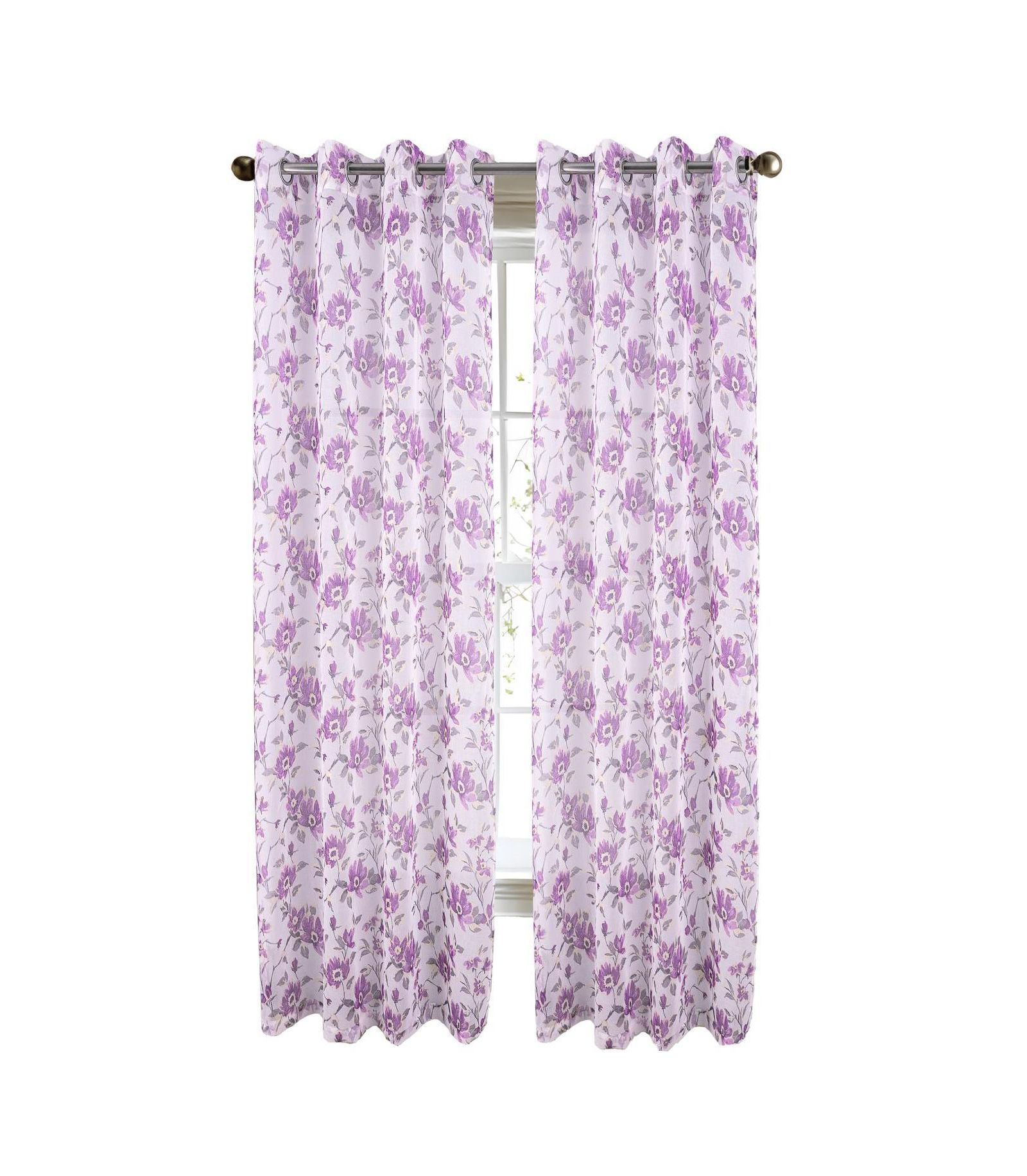 RT Designers Collection Meadow Grommet Metallic Sheer Printed Doily Curtain Panel Lilac