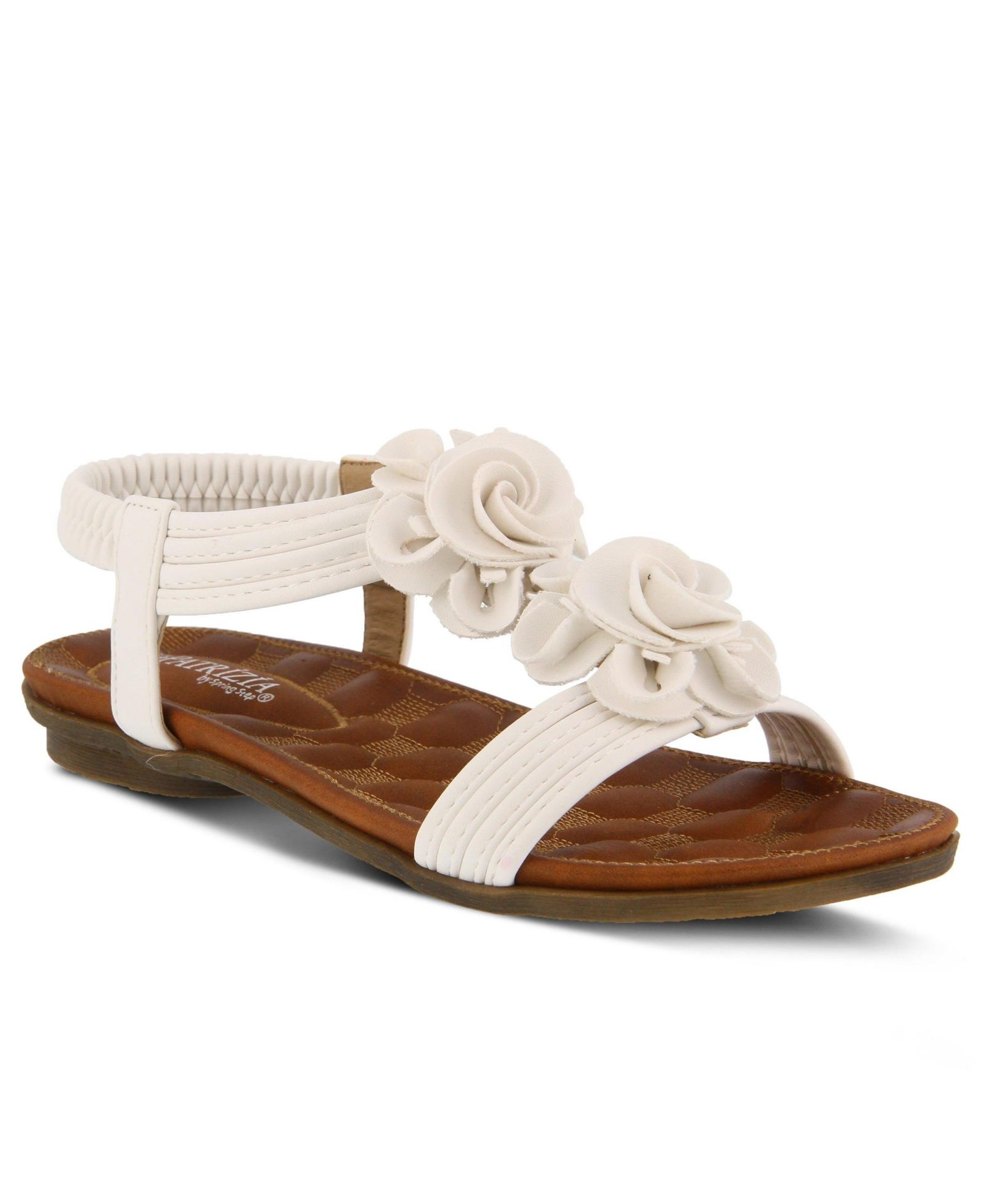 Patrizia Women s Nectarine Floral T-Strap Sandal with Elastic Back and Quilted Footbed
