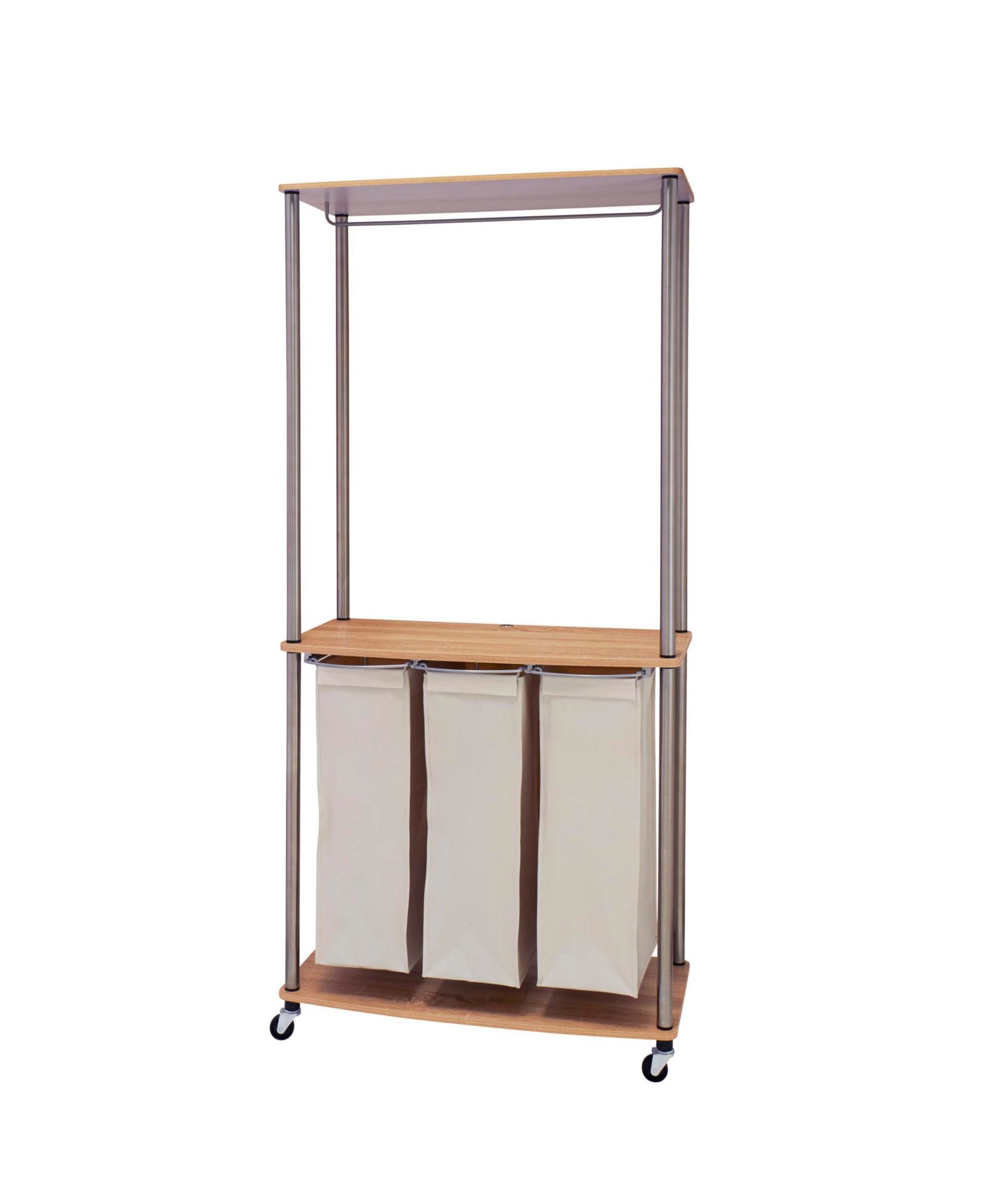 Household Essentials Modern Laundry Center with Wheels, 3 Washable Linen Bags, Light Ash Wood Grain Laminate