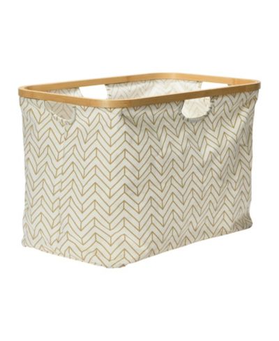 Household Essentials Bamboo Rimmed Krush Container Basket with Cut Out Handles, Tan Chevron