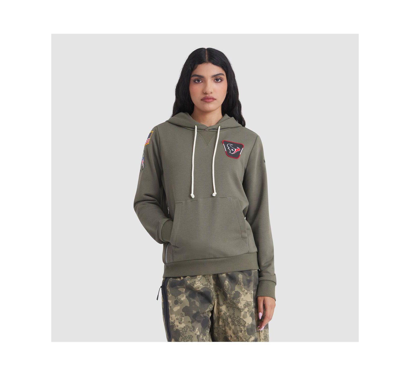 Nike Женское укороченное свитшот Olive Houston Texans 2025 Salute to Service Sideline Standard Issue Dri-FIT
