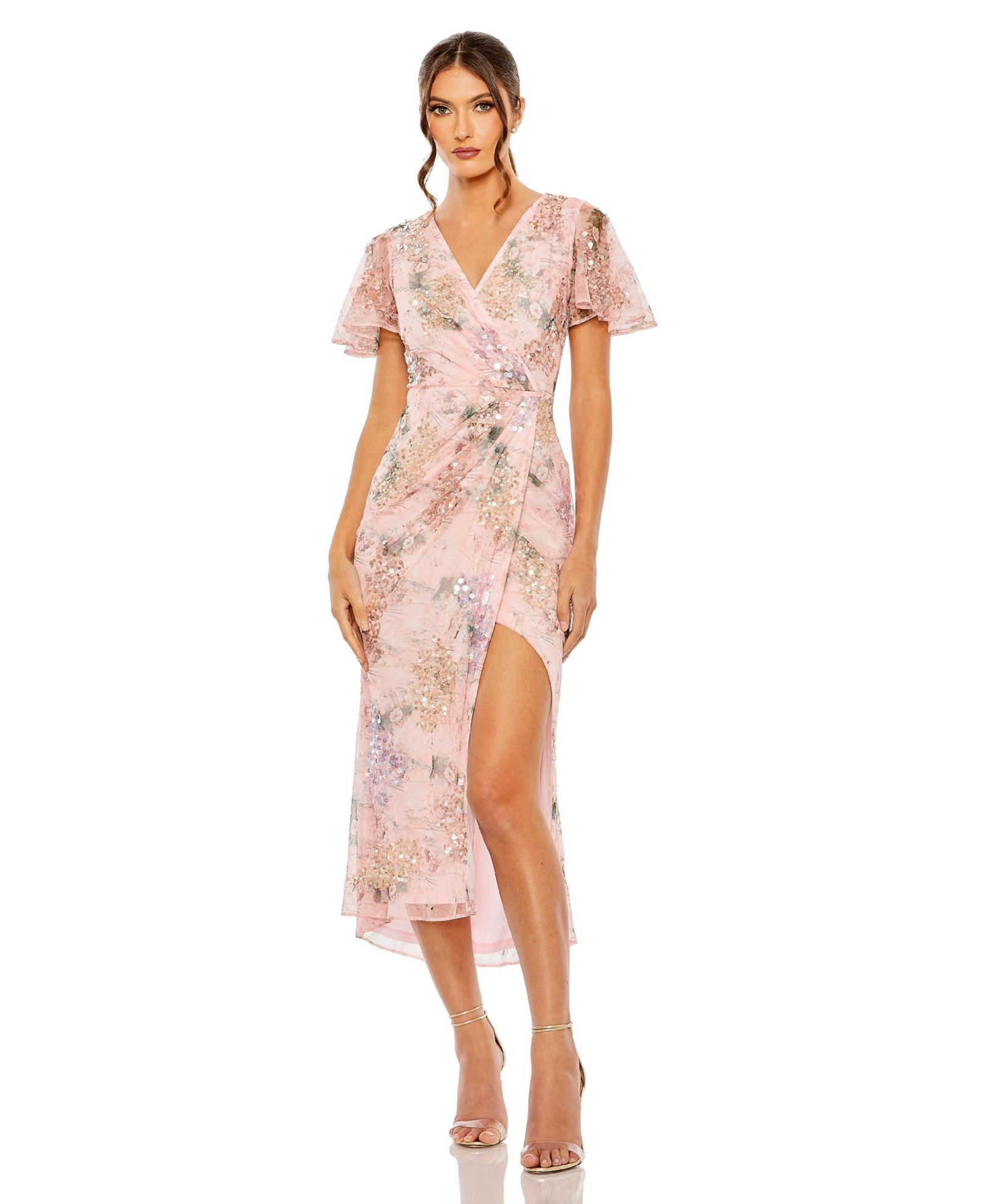 Mac Duggal Women's Printed Mesh Flutter Sleeve Faux Wrap Midi Dress