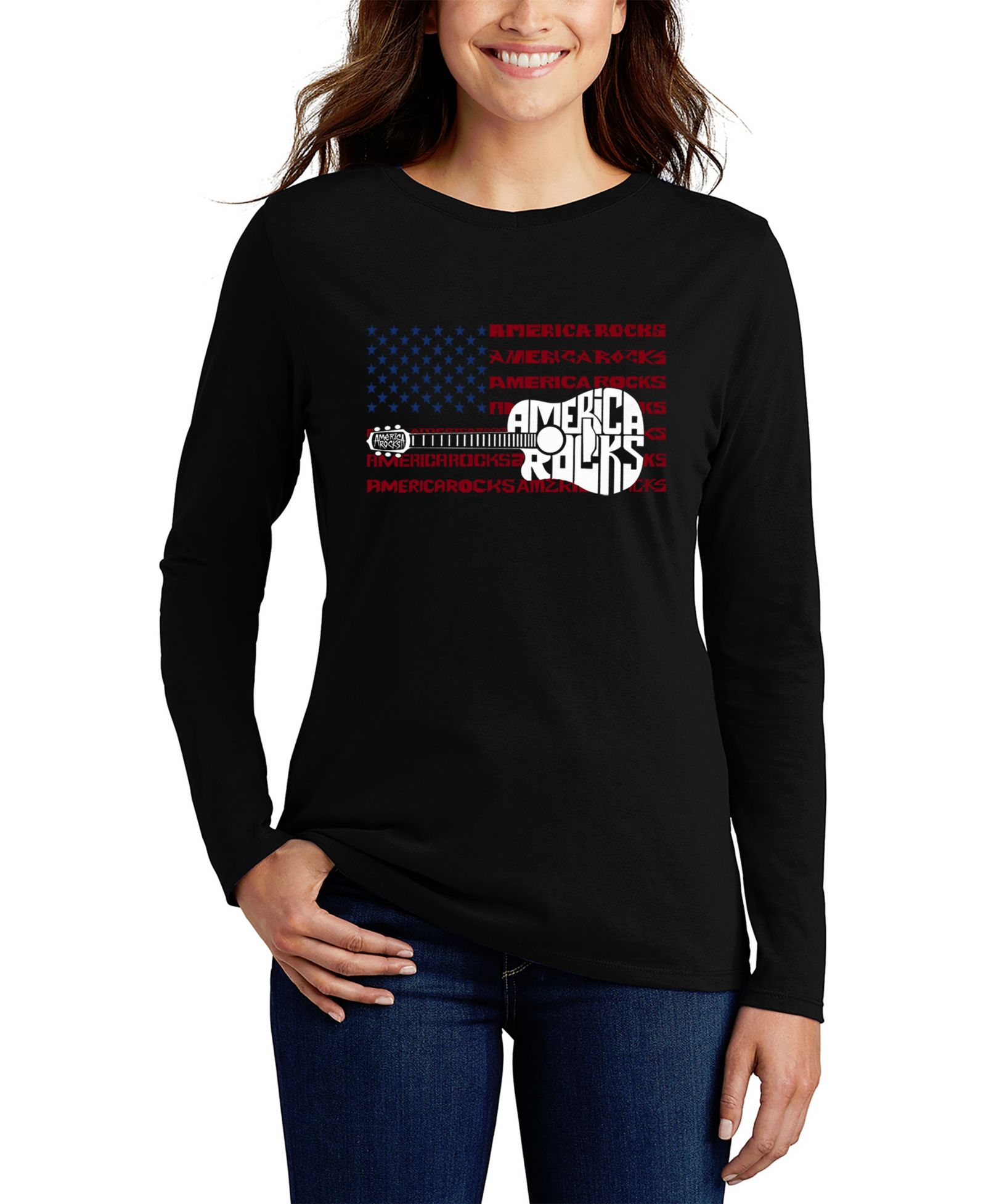 LA Pop Art Women's America Rocks Word Art Long-Sleeve T-Shirt