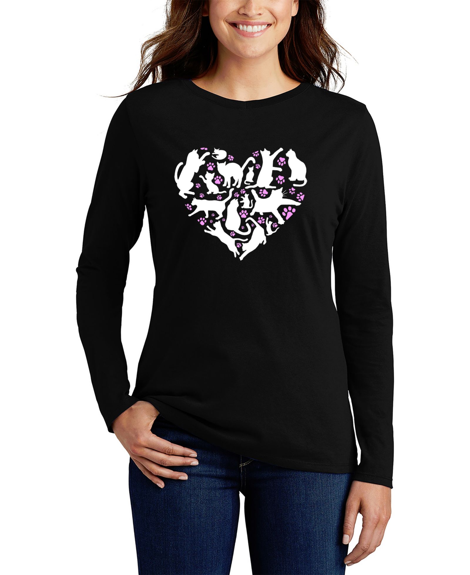 LA Pop Art Women's Cat Heart Word Art Long-Sleeve T-Shirt