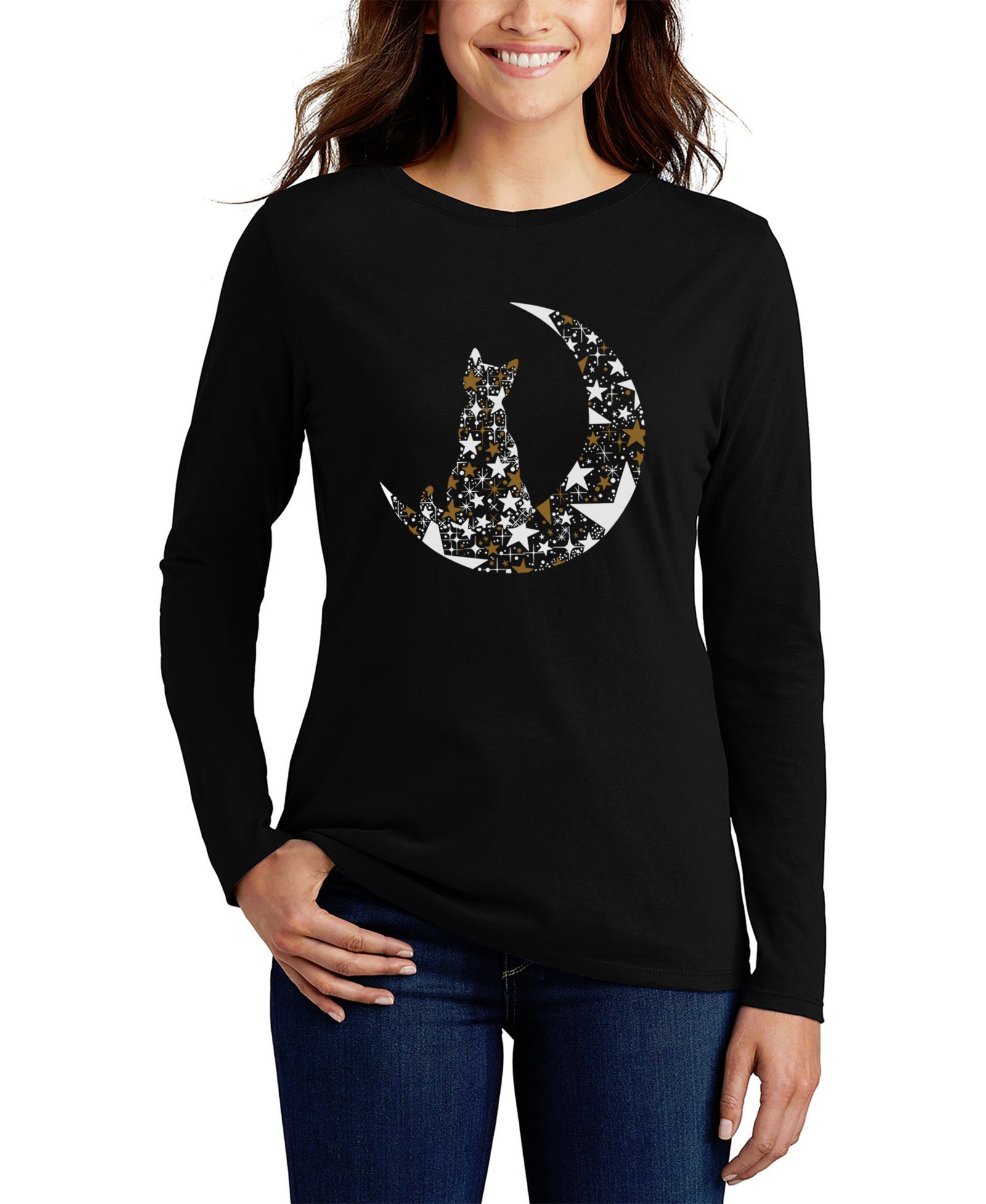 LA Pop Art Women's Cat Sitting On Moon Word Art Long-Sleeve T-Shirt