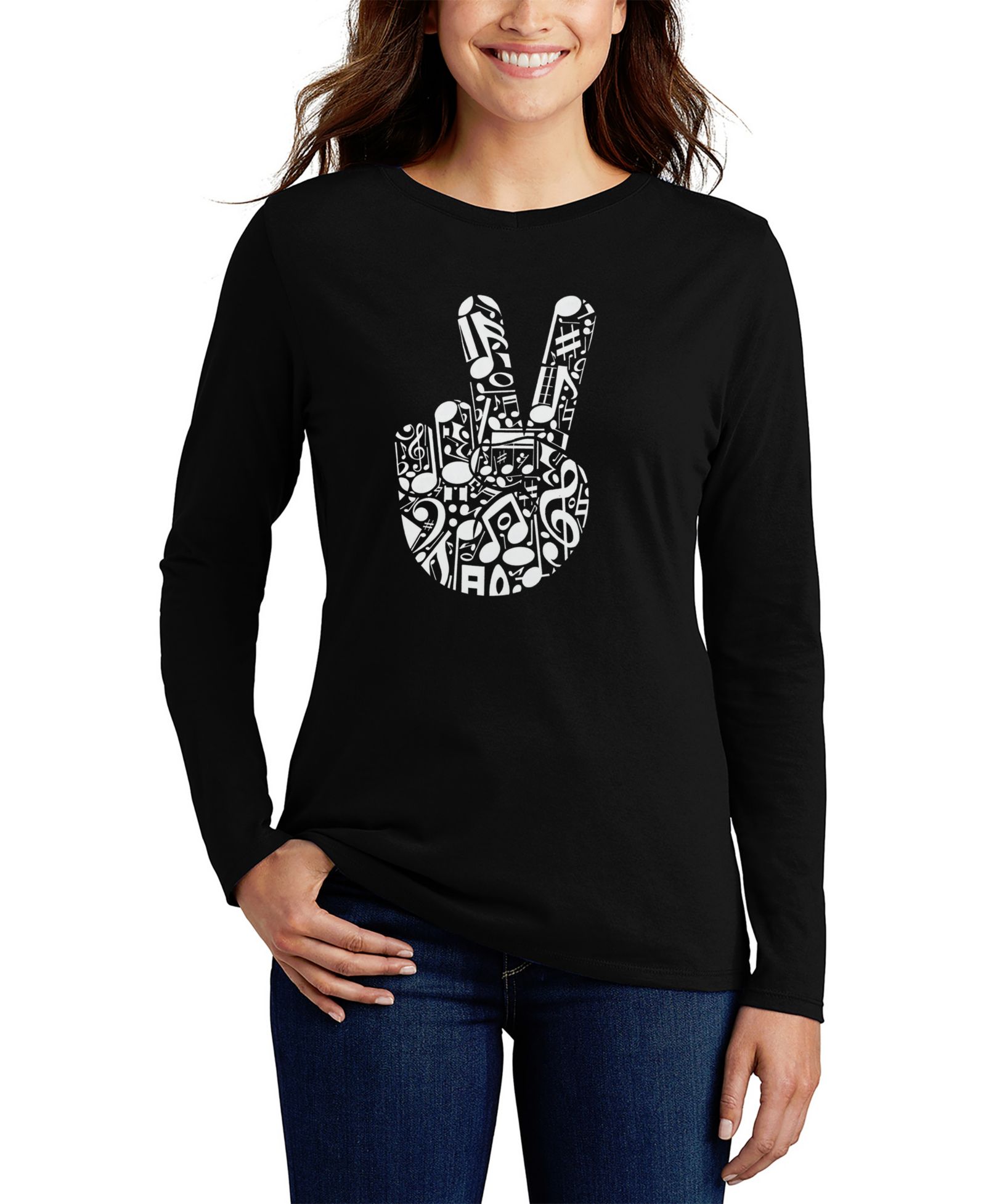 LA Pop Art Women's Peace Finger Notes Word Art Long-Sleeve T-Shirt
