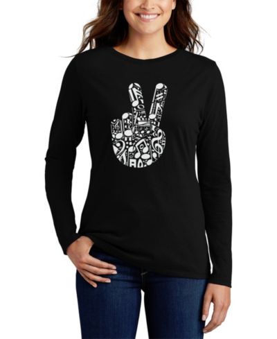 LA Pop Art Женская футболка с длинным рукавом Peace Finger Notes Word Art