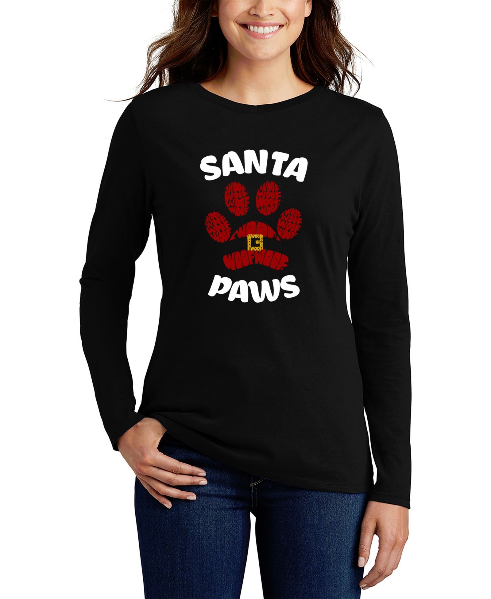 LA Pop Art Women's Santa Paws Word Art Long-Sleeve T-Shirt