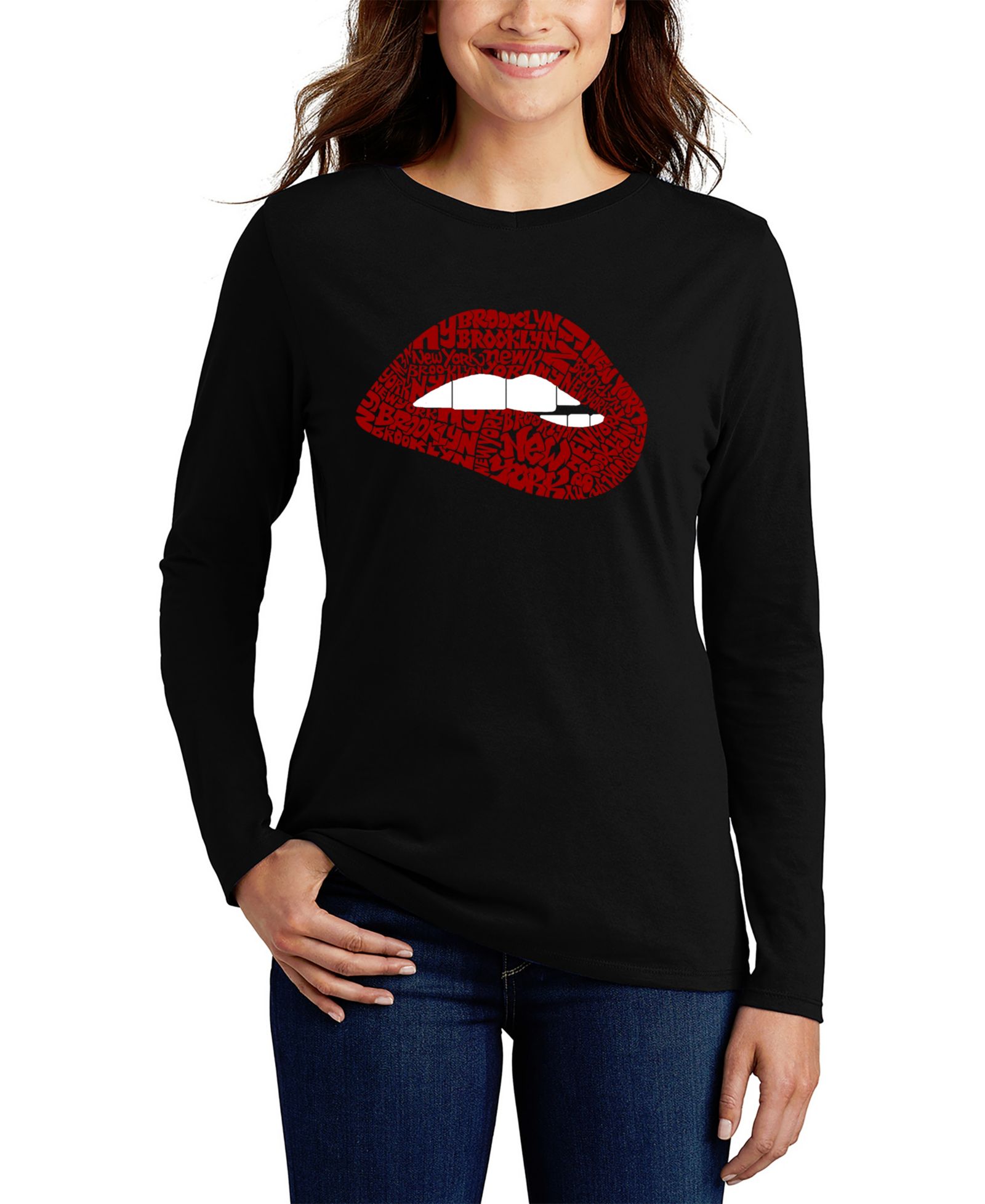 LA Pop Art Women's Brooklyn Lips Word Art Long-Sleeve T-Shirt