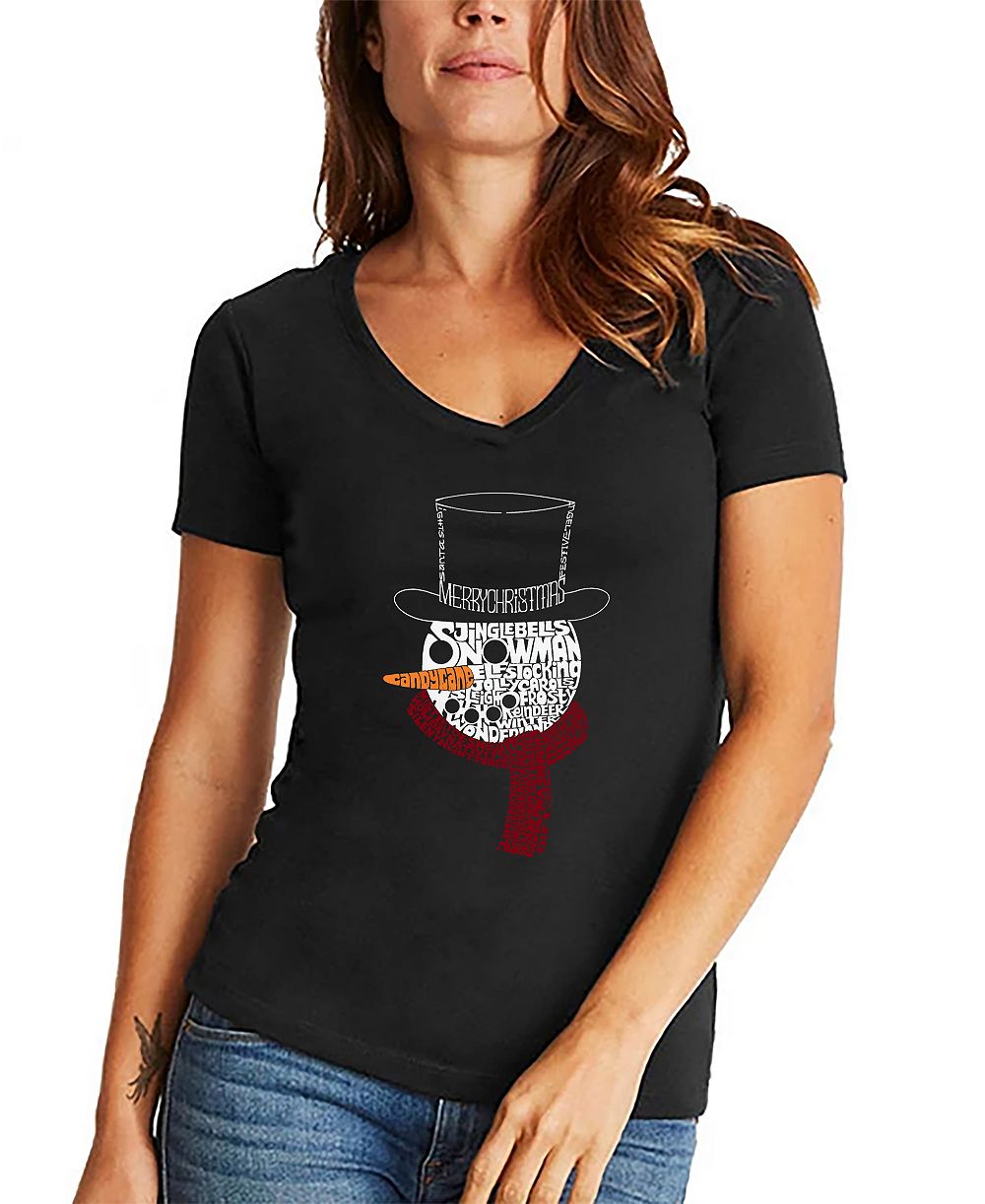 LA Pop Art Women's Snowman Face Word Art V-Neck T-Shirt