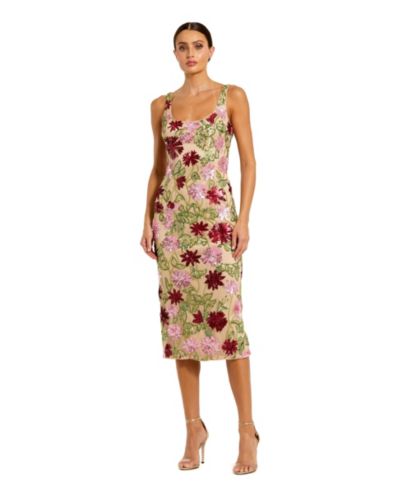 Mac Duggal Женское миди-платье с цветочным декором из бисера и сетки