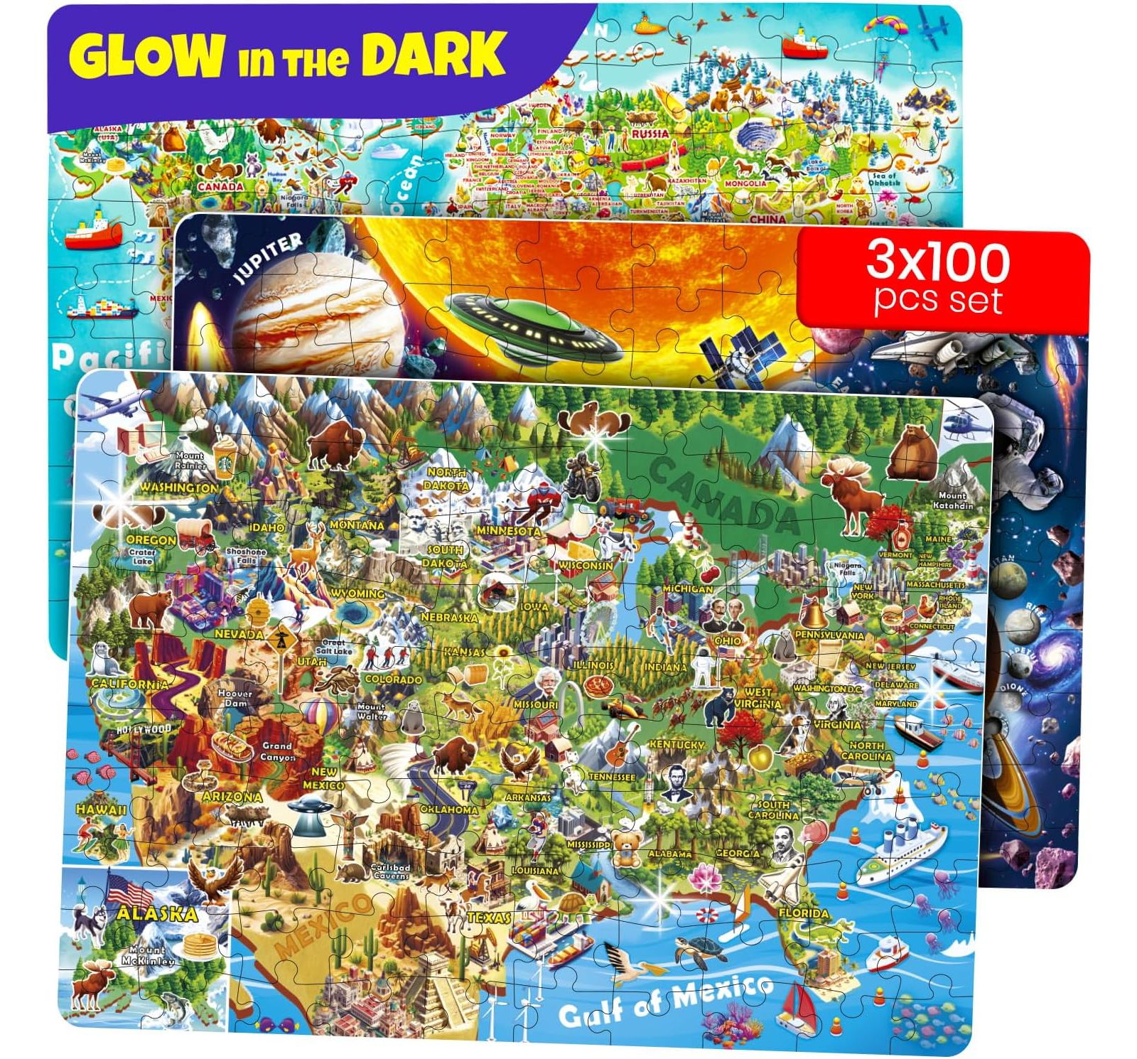 Набор головоломок Quokka USA Map, World Map & Solar System Glow-in-the-Dark 100 деталей, возраст 4-8