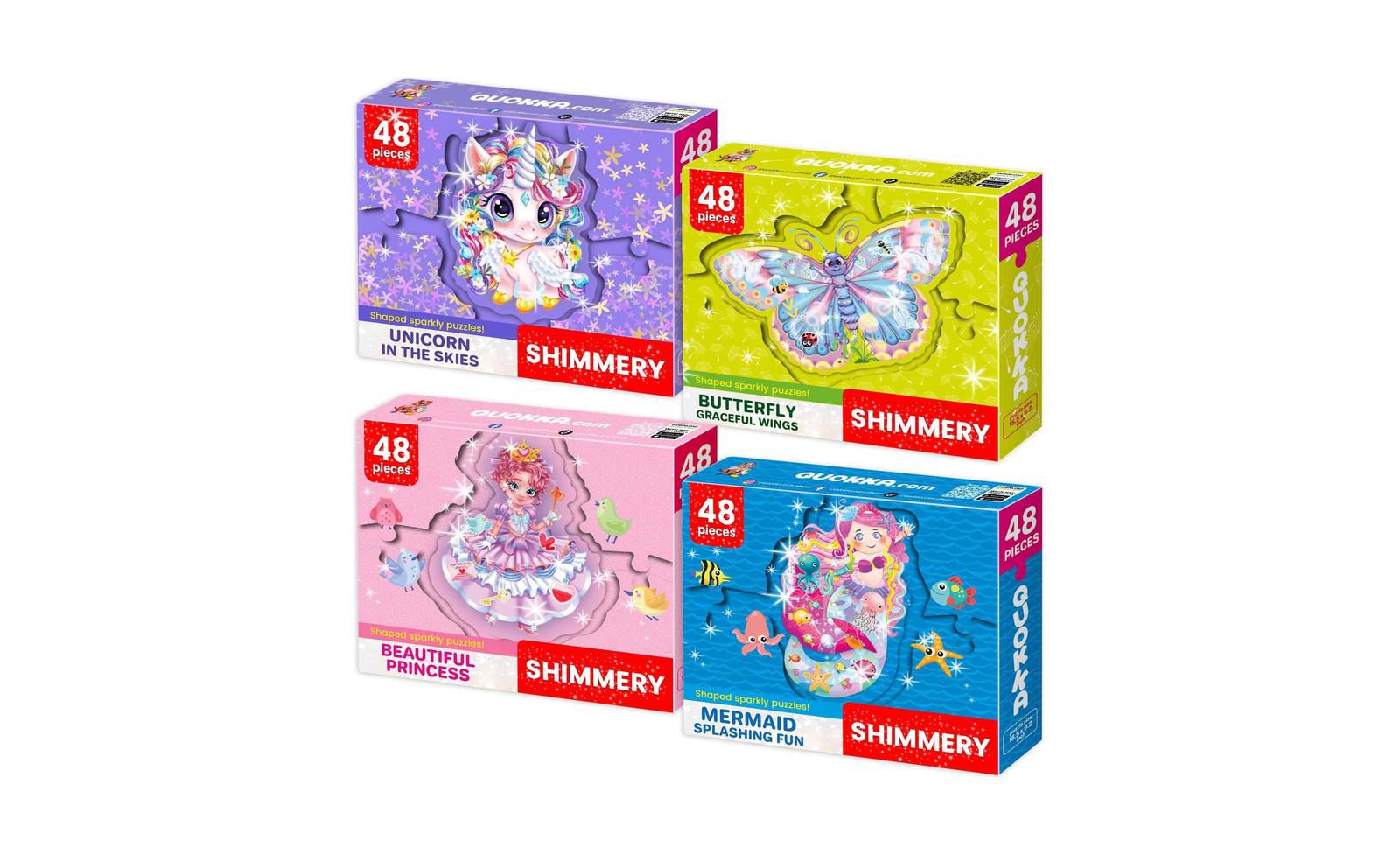 Детская игра Quokka Shimmer Puzzles, набор из 4 шт. (Дракон, Ракета, Пожарная машина и Динозавр)