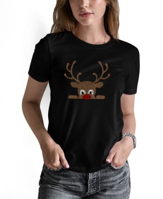 LA Pop Art Women's Peeking Reindeer Word Art Long-Sleeve T-Shirt