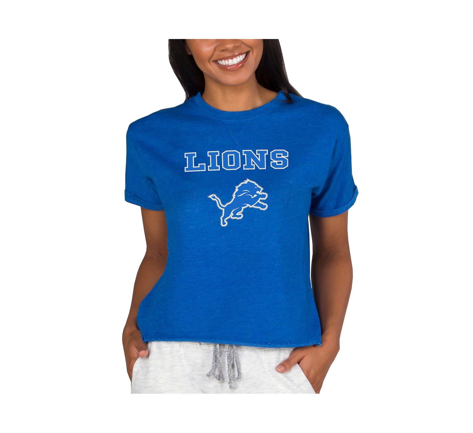Women's Blue Detroit Lions Tri-Blend Mainstream Terry Short Sleeve Sweatshirt Top
