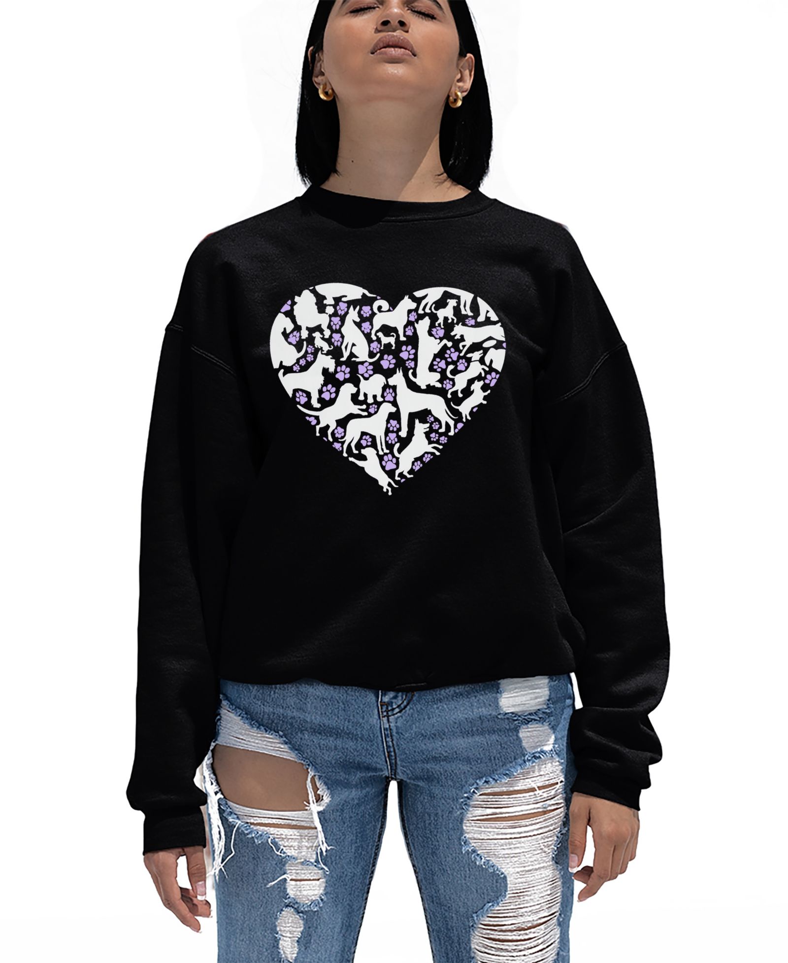 LA Pop Art Women's Dog Heart Word Art Crew Neck Sweatshirt
