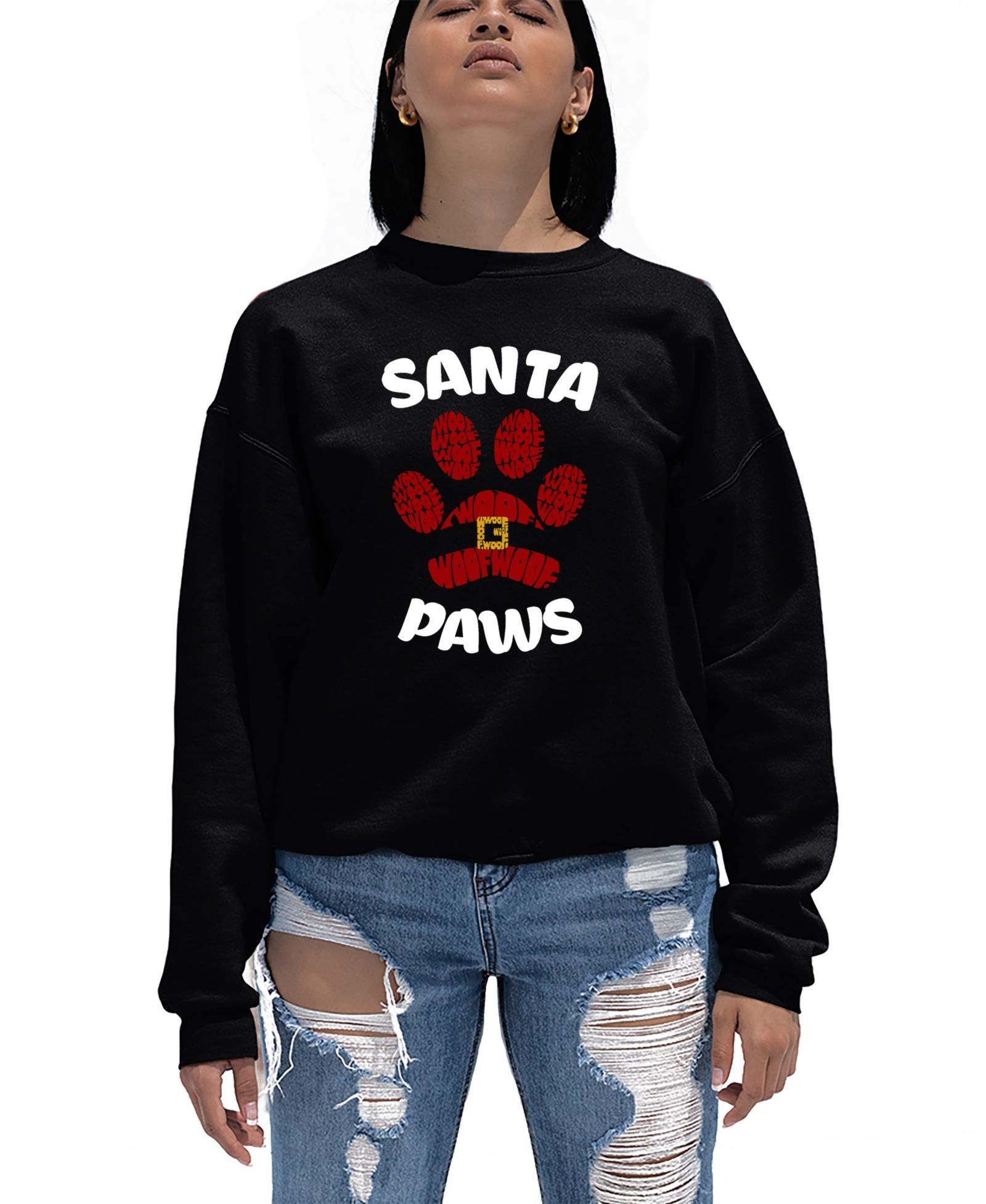 LA Pop Art Women's Santa Paws Word Art Crew Neck Sweatshirt