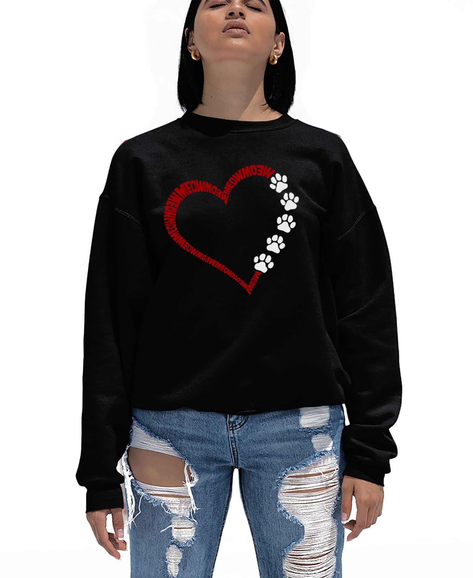 LA Pop Art Women's Meow Heart Word Art Crew Neck Sweatshirt
