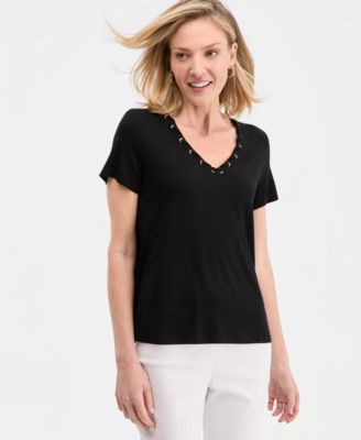 JM Collection Women's Laced-Grommet-Trim V-Neck Top, Macy's Exclusive