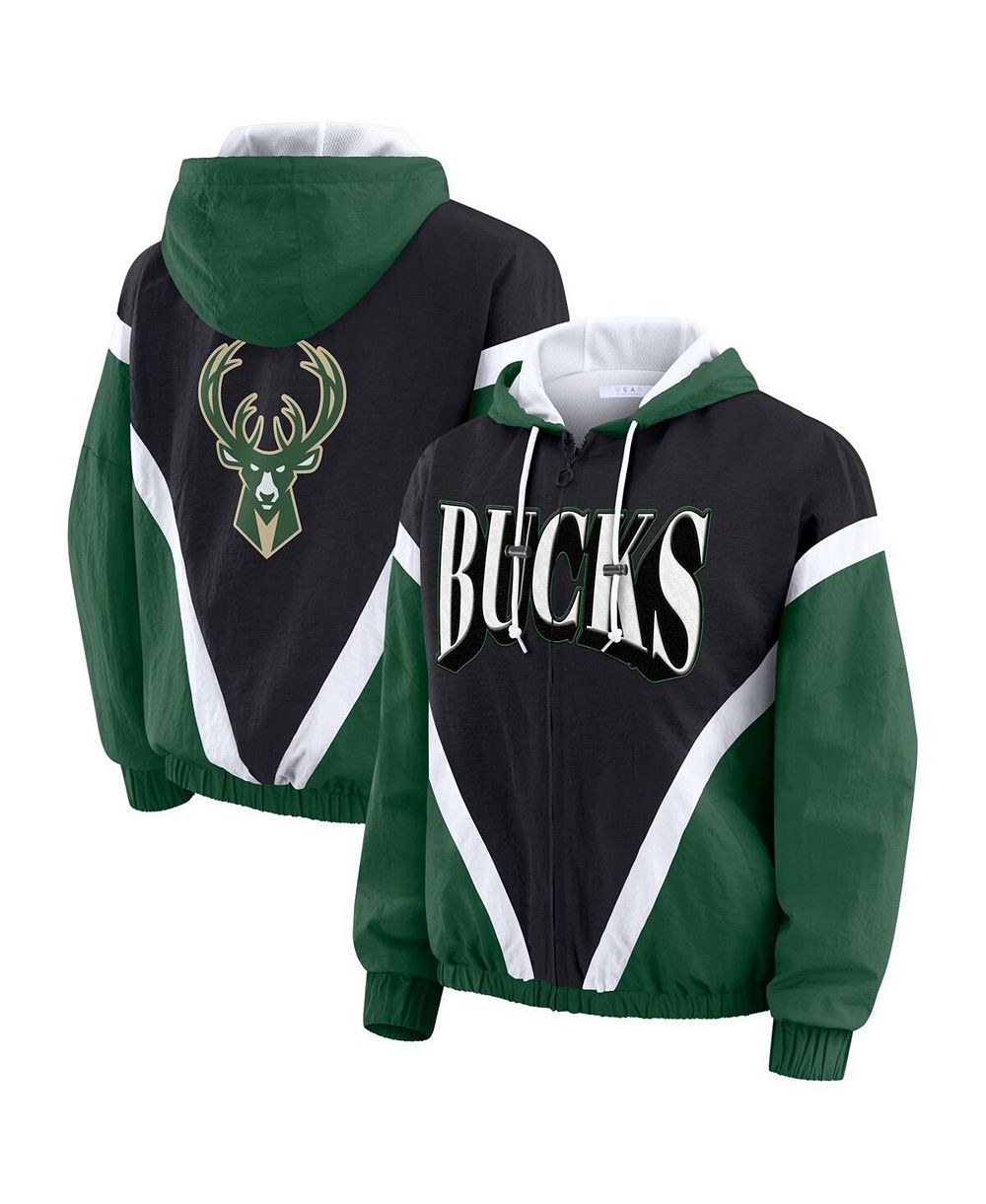 WEAR by Erin Andrews Women's Black/Hunter Green Milwaukee Bucks Color Block Full-Zip Hoodie Windbreaker Jacket