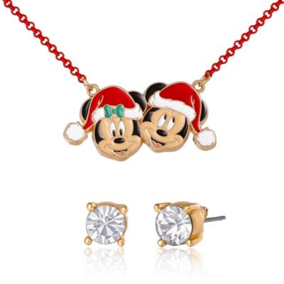 Disney Mickey & Minnie Santa Necklace & Stud Earrings Set, Gold‑Tone