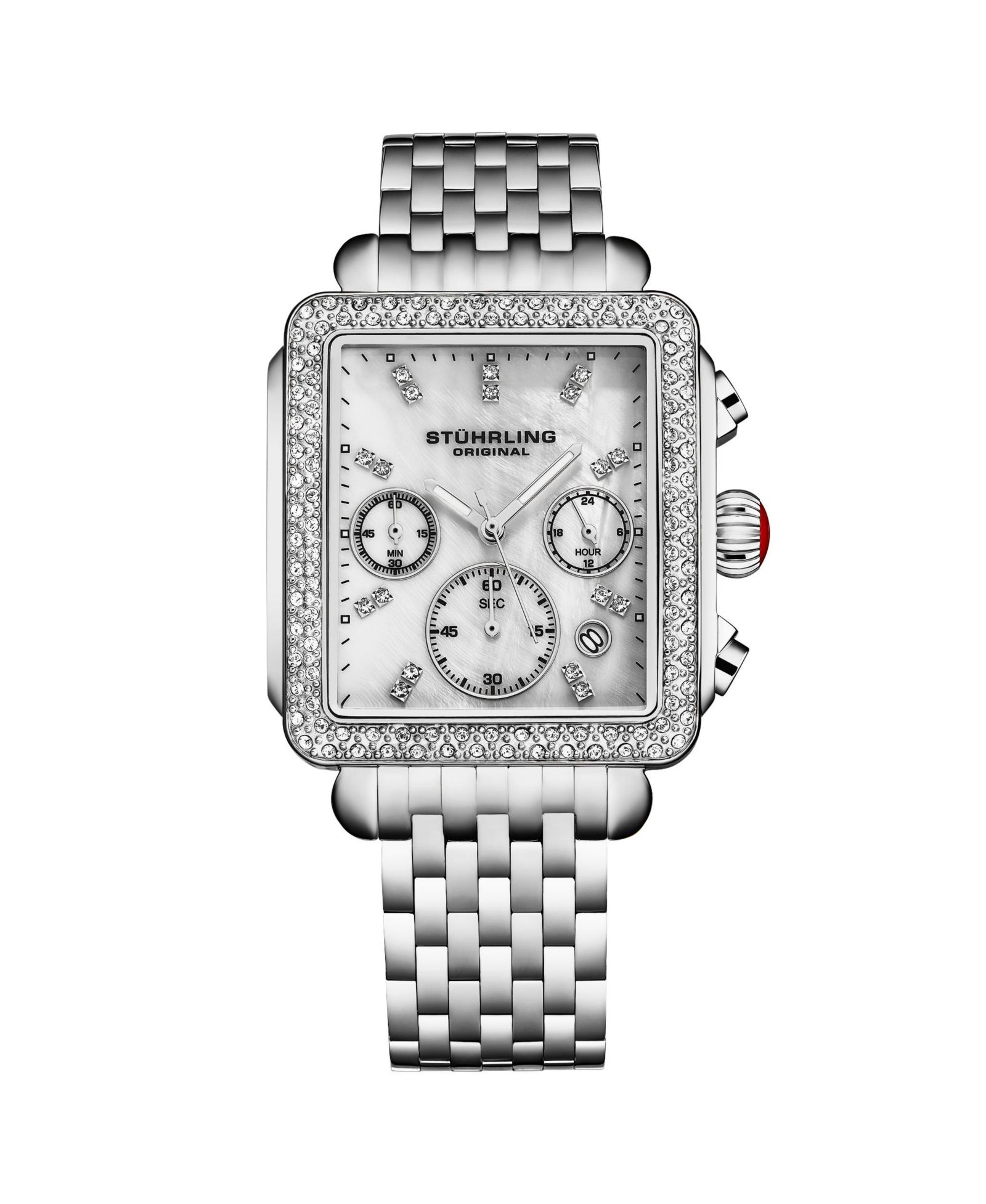 Женские часы Stuhrling 4083 Bezel Chronograph с перламутровым циферблатом и серебряным браслетом
