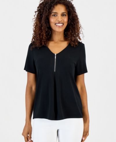 JM Collection Women's V-Neck Front-Zip Pleated Top, Macy's Exclusive
