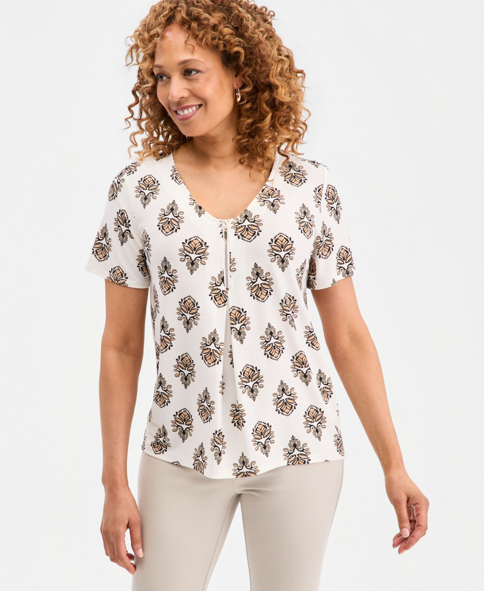 Женский топ JM Collection V-Neck Front-Zip Pleated