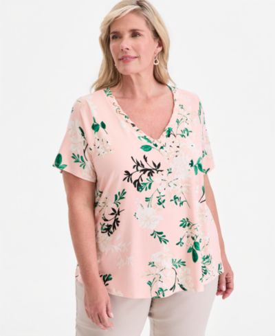 JM Collection Plus Size Reve Garden V-Neck Lace-Up T-Shirt, Macy's Exclusive