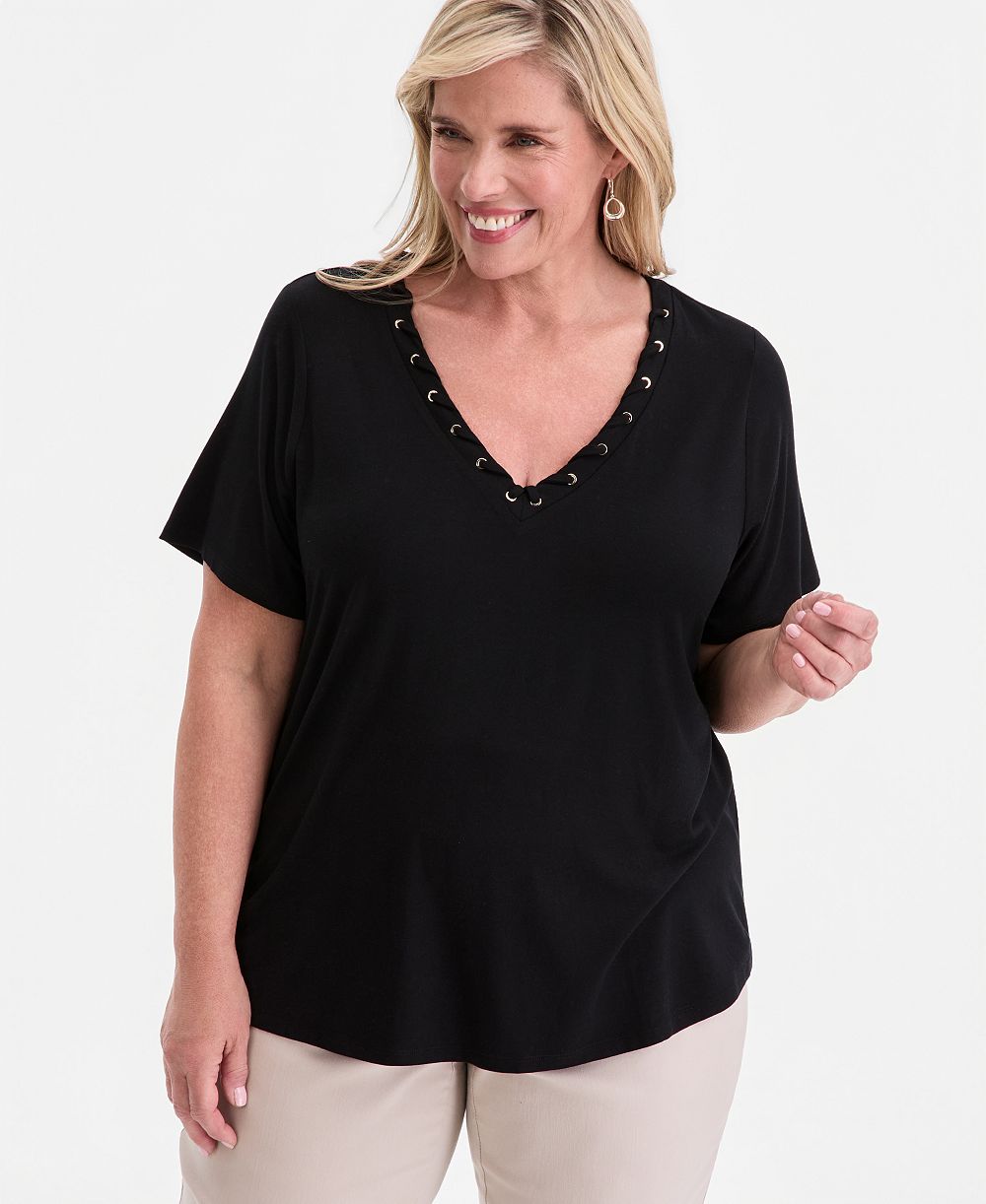 JM Collection Plus Size Lace-Up V-Neck T-Shirt, Macy's Exclusive