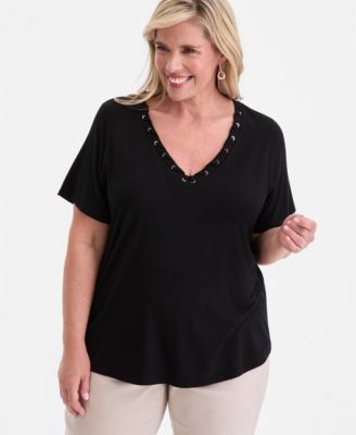 JM Collection Plus Size Lace-Up V-Neck T-Shirt, Macy's Exclusive