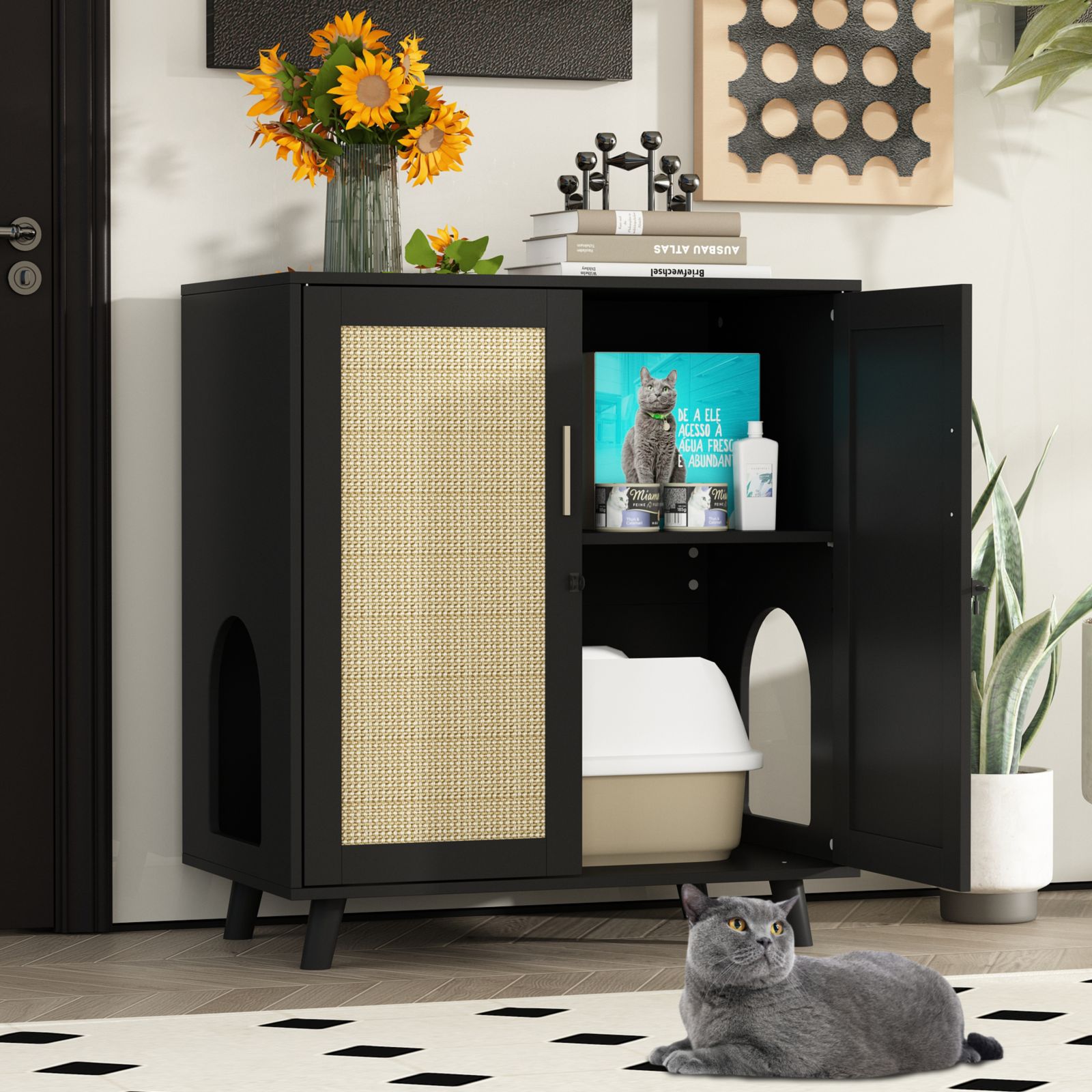 Cat Box Enclosure With Lock Sisal Door, Cat Washroom,Storage for Living Room
