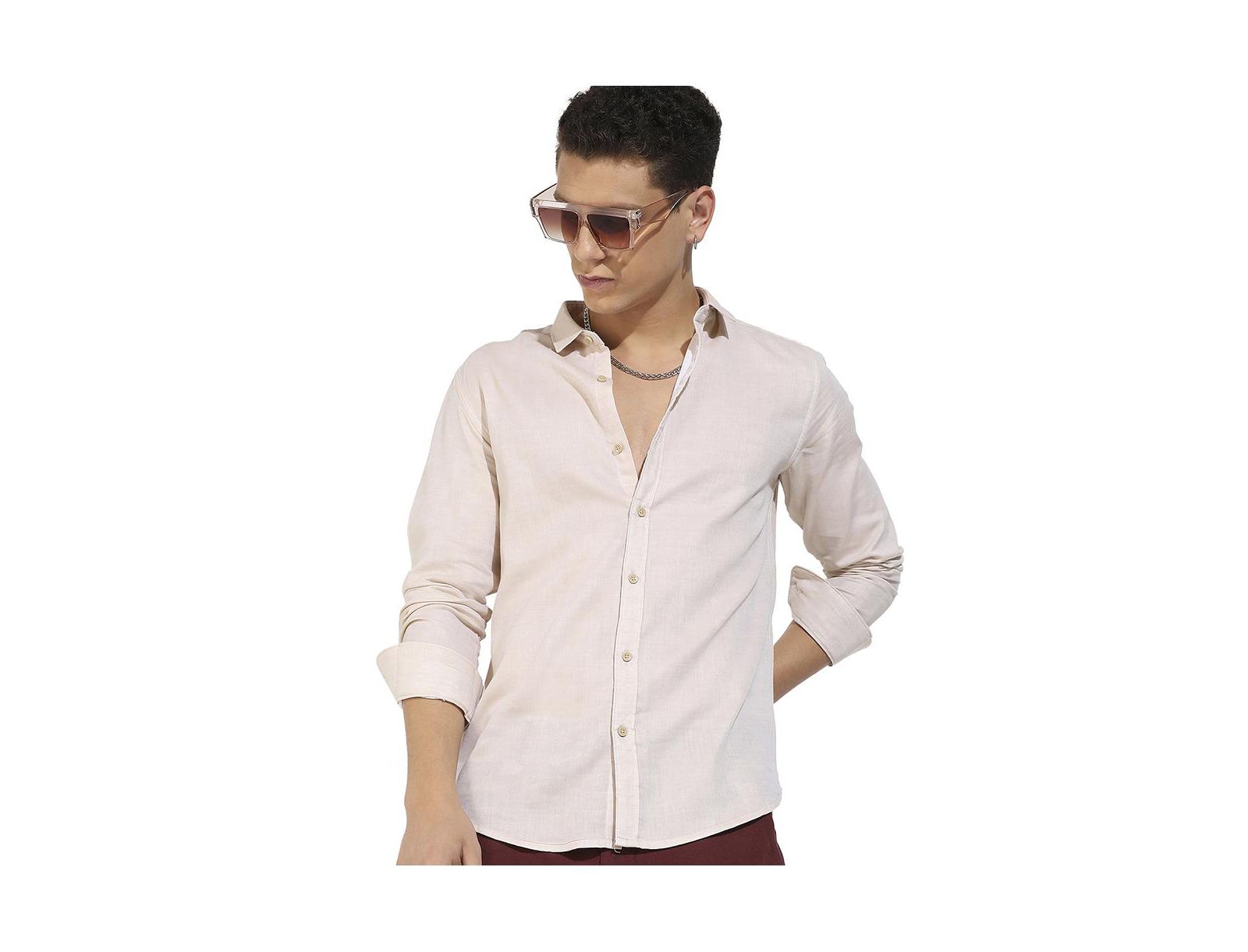 Cahoot Men's Campus Sutra Beige Basic Oxford Shirt