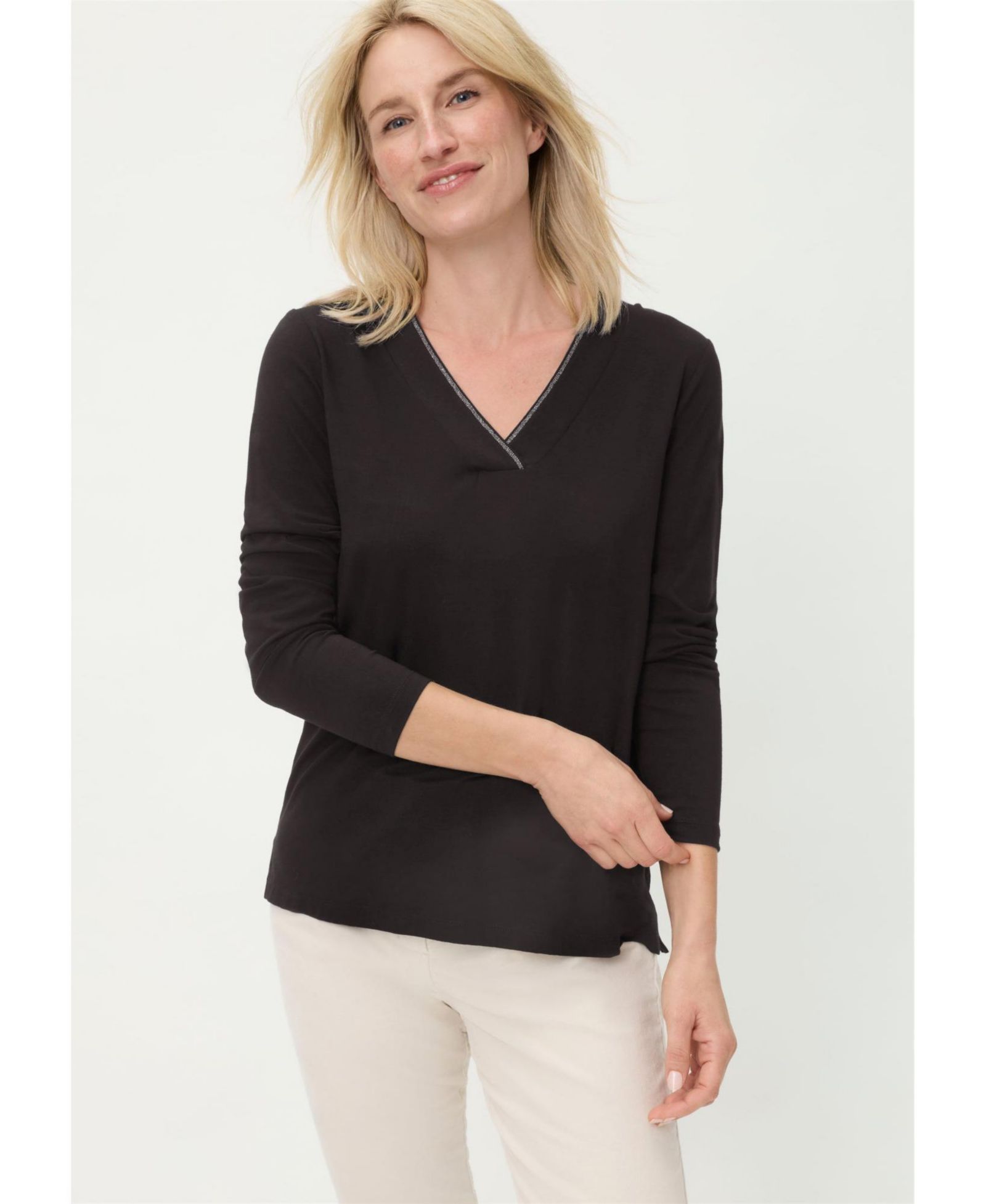 Olsen Women's V-Neck Sparkle-Trim T-Shirt