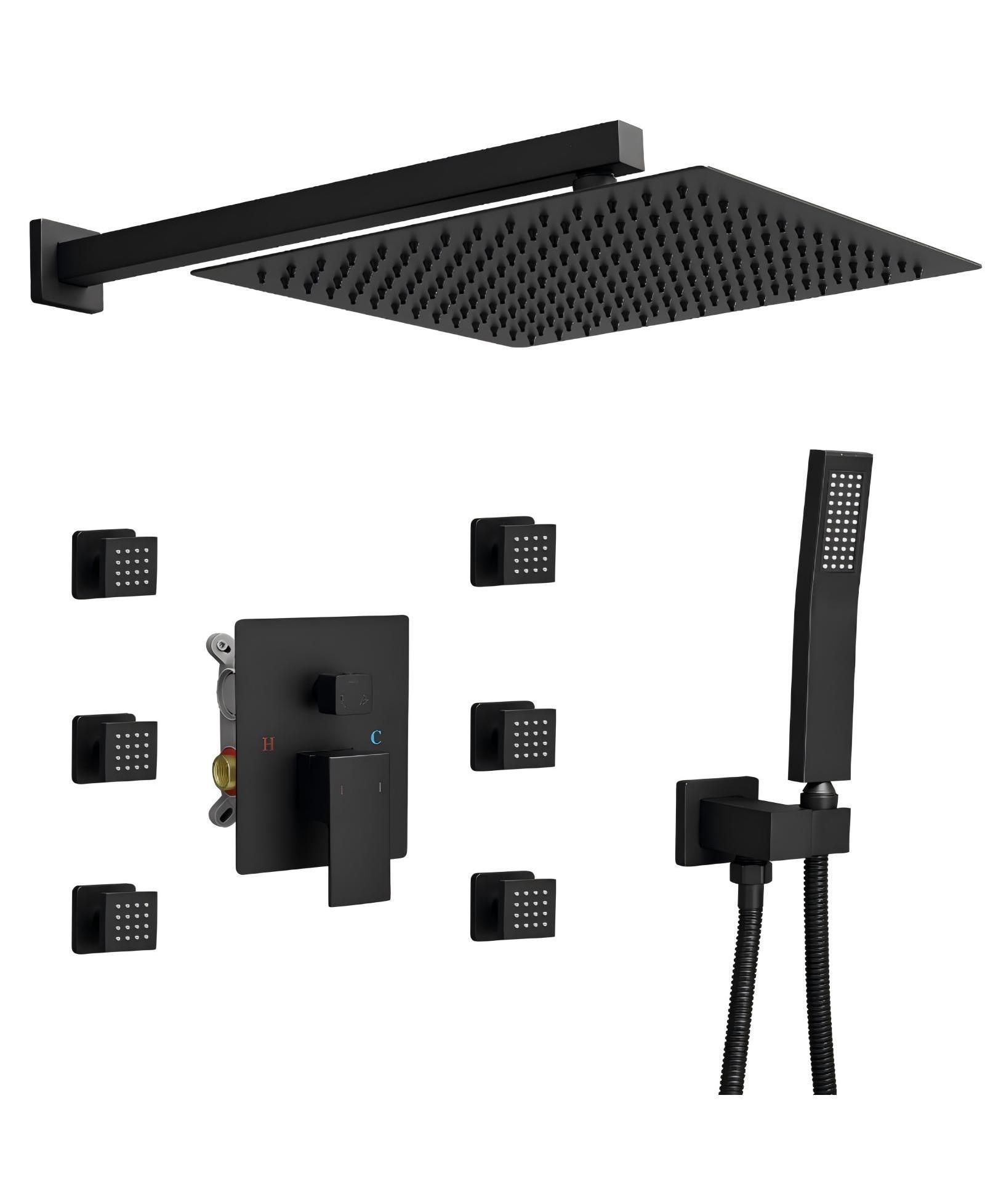 Greenspring 3-Spray Wall Mount 2.5 GPM 12 in. Shower Head Fixed and Handheld Shower Head with 6-Jets in Matte Black (Valve Included