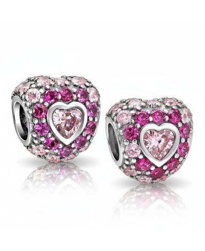 Bling Jewelry Pave Pink Heart Girlfriend Charm Bead for Bracelet Sterling Silver 2 Set