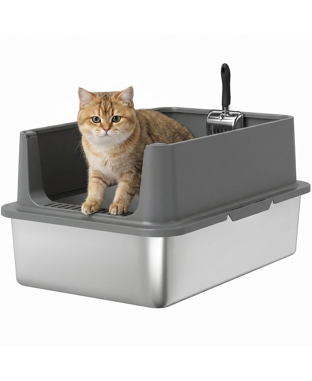 PawHut XL Stainless Steel Cat Litter Box High Sided Include Scoop and Pad