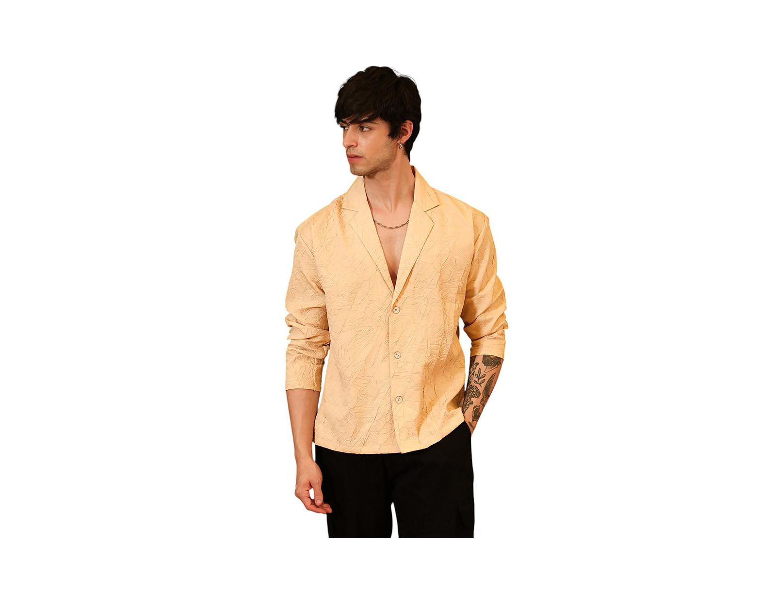 Campus Sutra Men's Buff Beige Wrinkled Korean Oversized Shirt