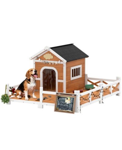 PawHut Outdoor Dog House, Wooden Dog House with Large Porch