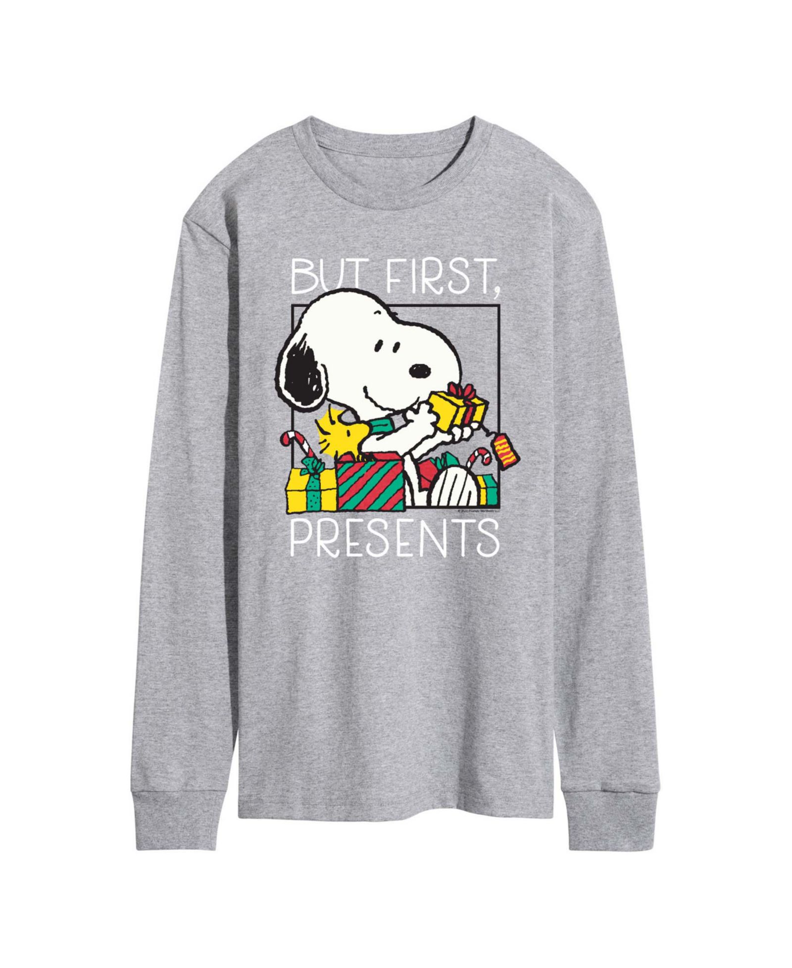 AIRWAVES Men's Peanuts Christmas Snoopy But First Presents Graphic Long-Sleeve T-Shirt