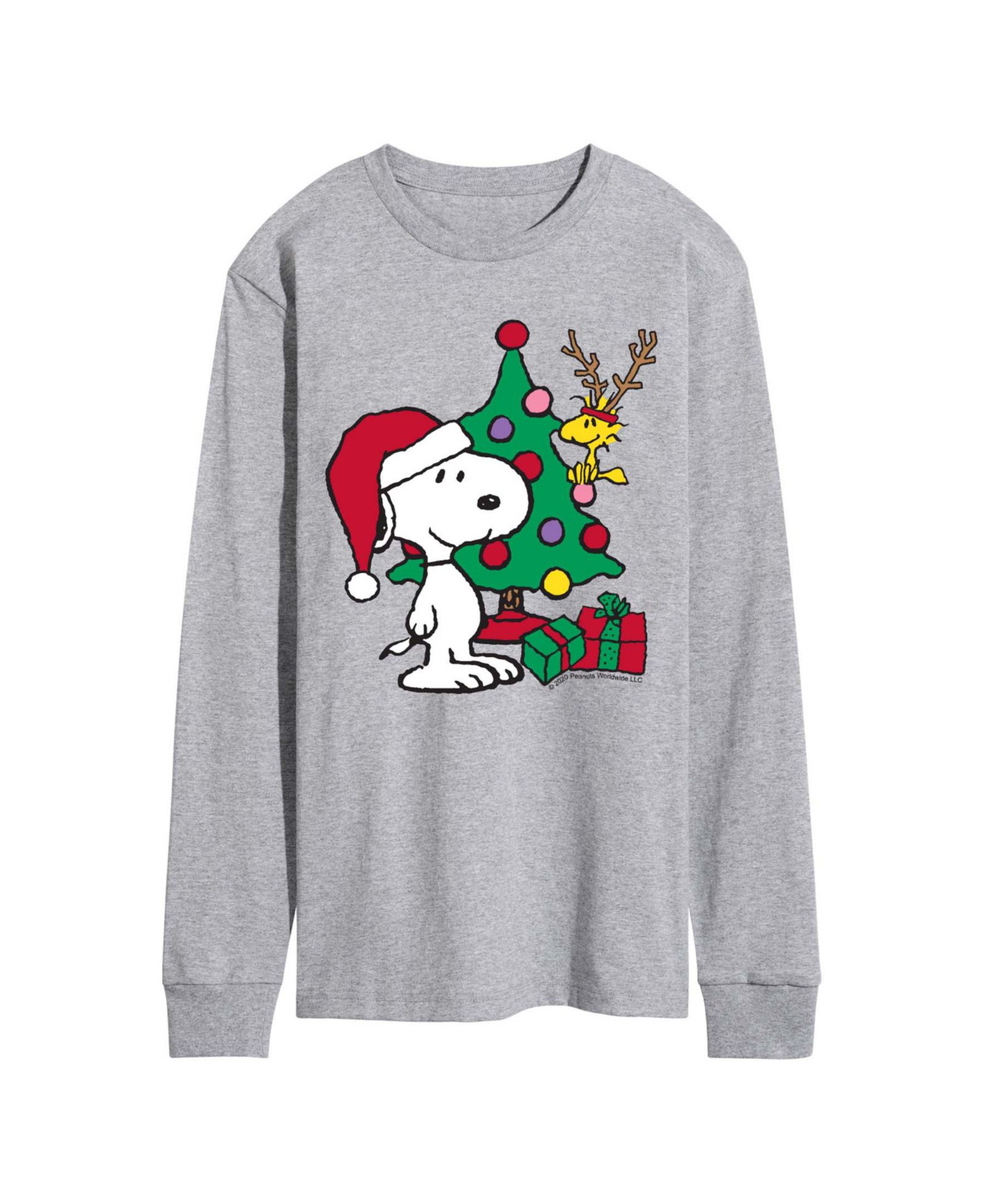 AIRWAVES Men's Peanuts Woodstock and Snoopy Christmas Graphic Long-Sleeve T-Shirt