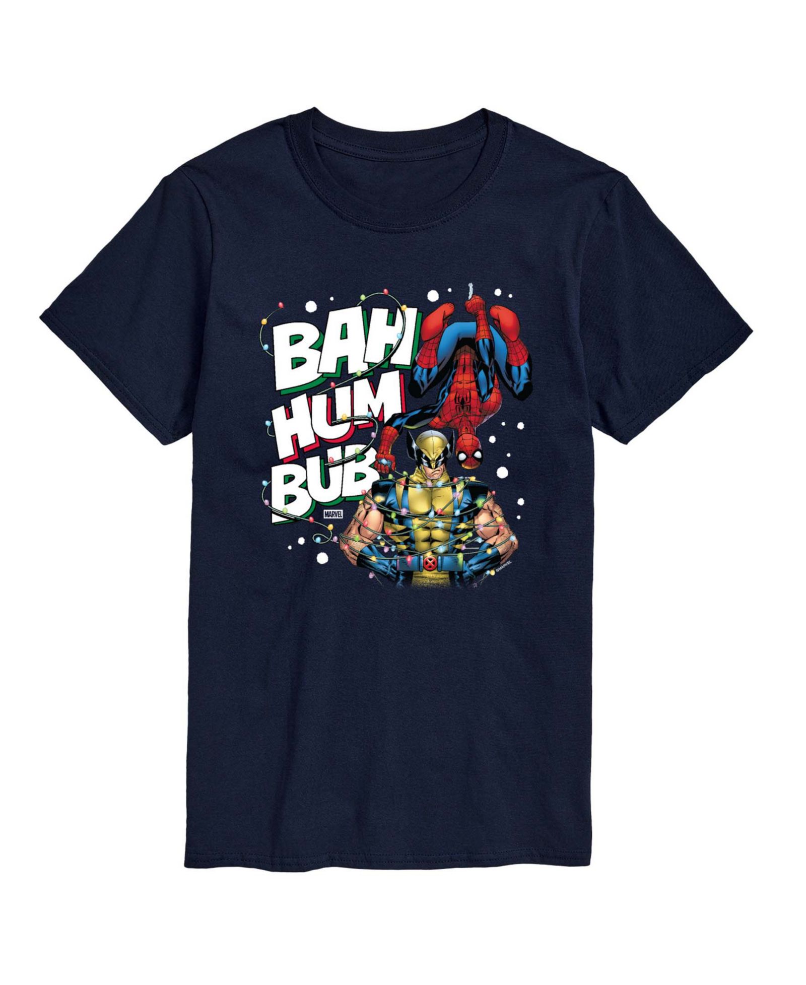 AIRWAVES Men's Marvel Bah Hum Bub Wolverine and Spider-Man Graphic Short-Sleeve T-Shirt
