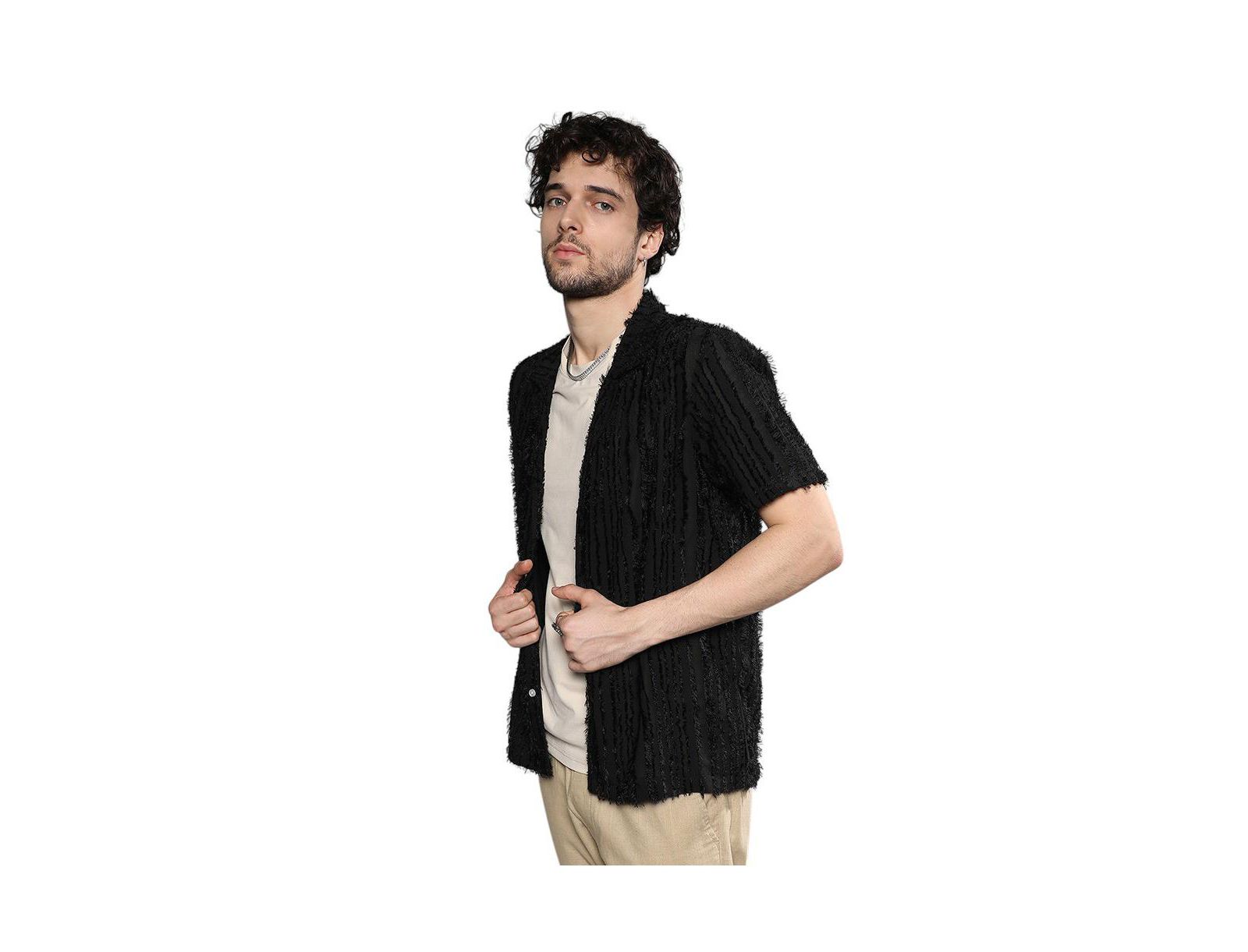 Cahoot Men's Campus Sutra Jet Black Fleece Striped Shirt