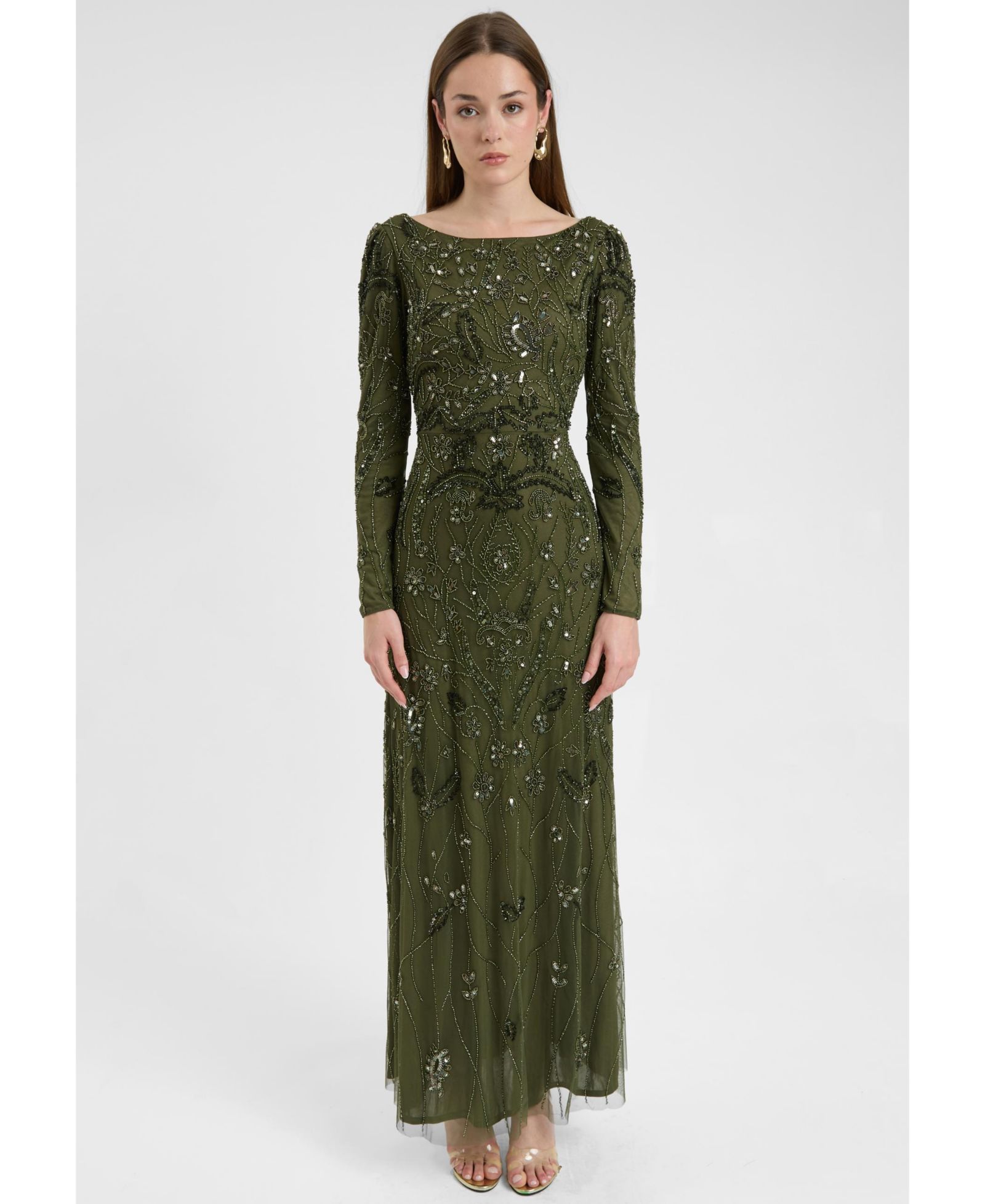 Женское вечернее платье Maryisa Modest Embellished Sequin Beaded Maxi с широким вырезом