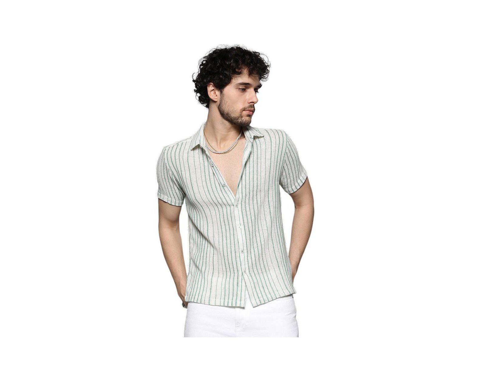 Мужская рубашка Campus Sutra White & Green Unbalanced Striped Woven