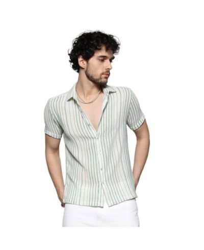 Cahoot Men's Campus Sutra-Men's White & Green Unbalanced Striped Woven Shirt