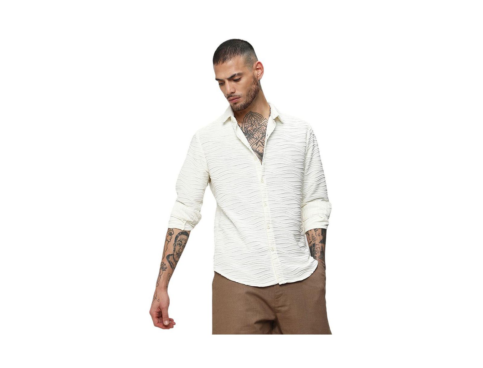 Campus Sutra Men's Ivory White Self-Design Wave Shirt