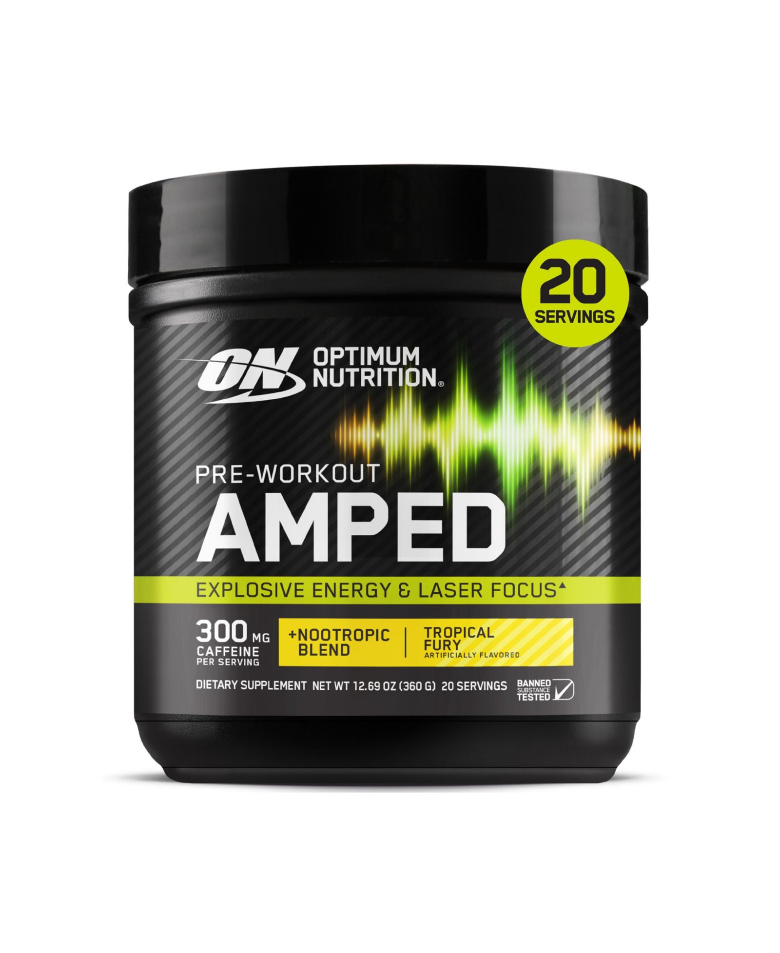 Optimum Nutrition Pre-Workout Amped порошок, Tropical Fury, без сахара, с кофеином, 20 порций