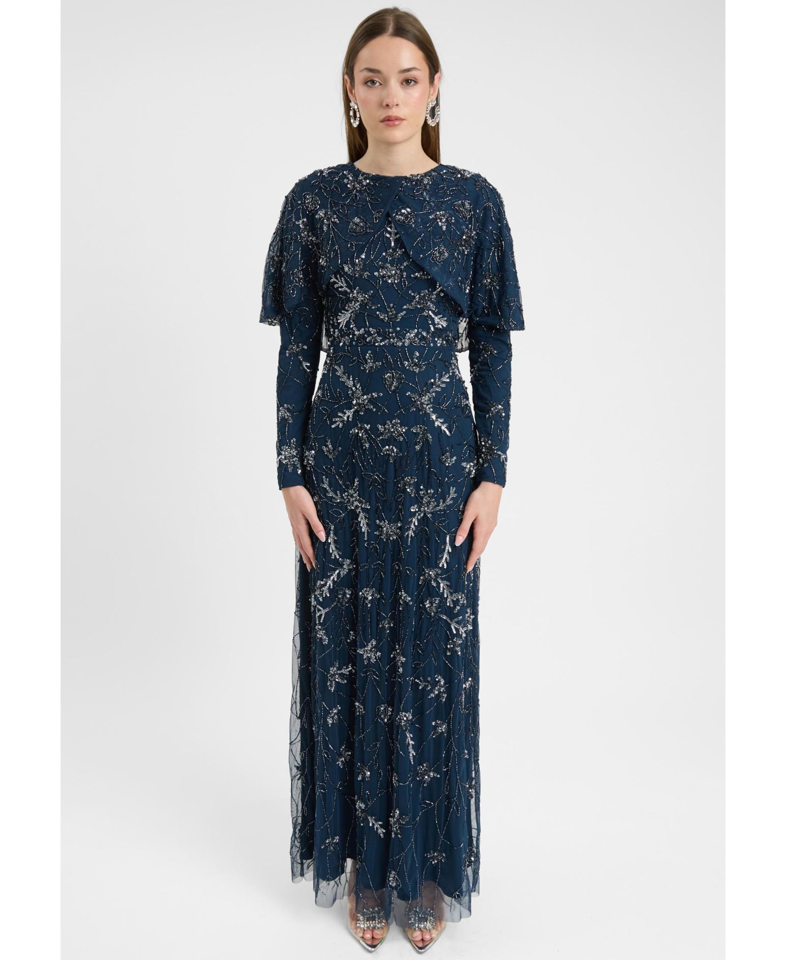 Женское вечернее платье Maryisa Modest Embellished Sequin Beaded Maxi With Attached Cape