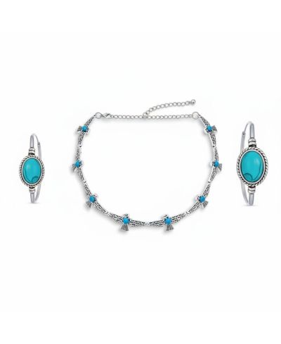 Bling Jewelry Choker Necklace and Compressed Turquoise Hoop Earrings Jewelry Set